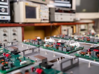 Microcircuits and components lie on metal plates